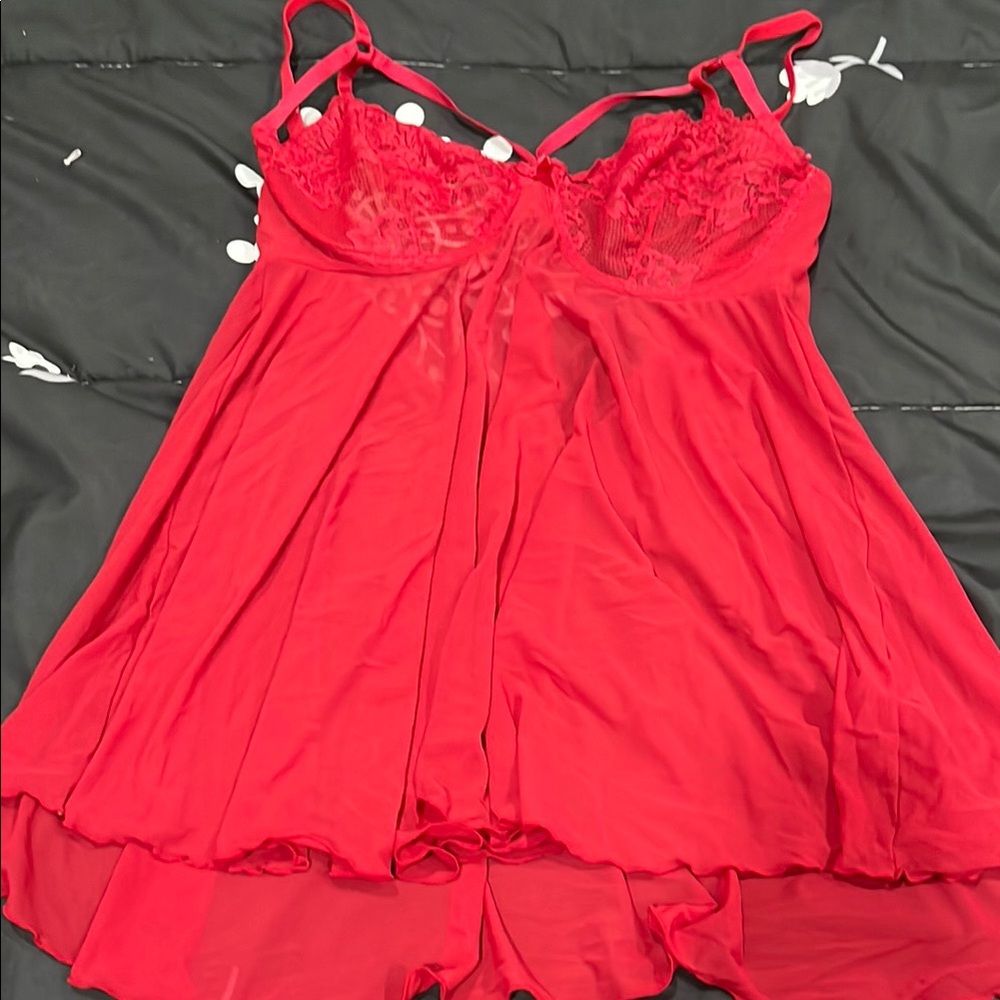 Vibrant Red Lace Chemise with Adjustable Straps and Flowy Skirt